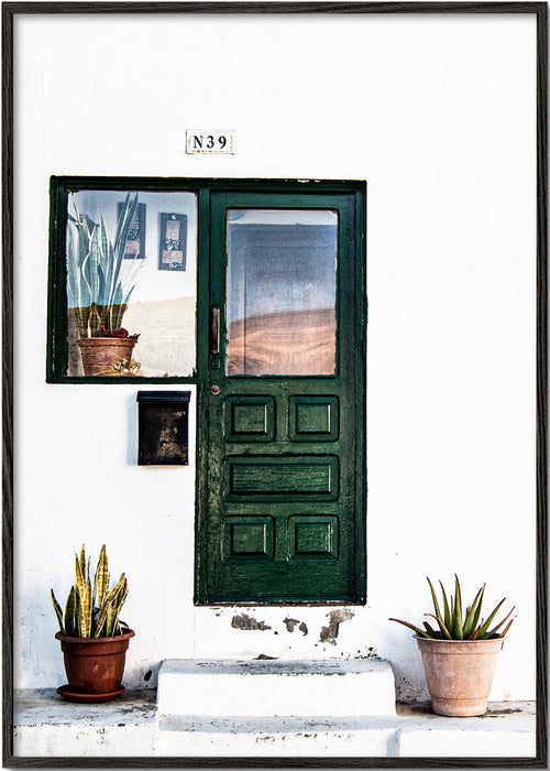 Fotografia de porta verde com vasos de plantas