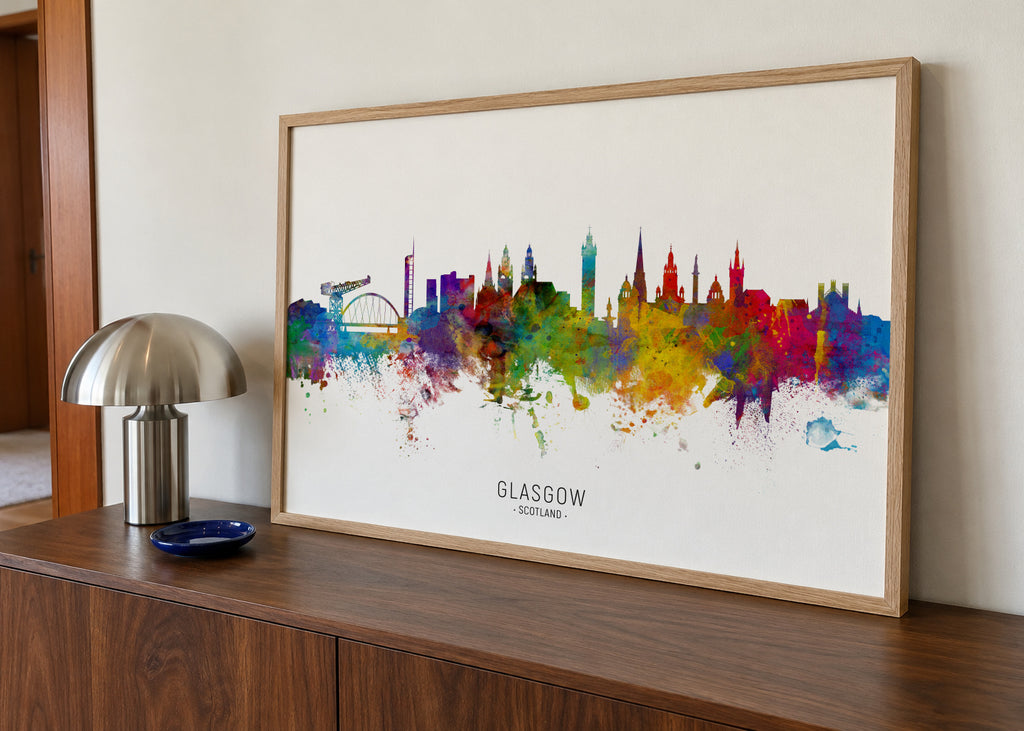 Glasgow Skyline multicolor - Framed poster in an interior