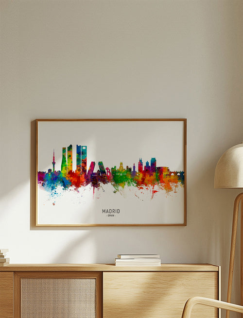 Poster de viagem: Skyline de Madrid em aquarela multicolorida