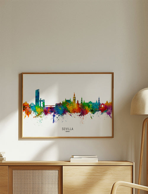 Poster de viagem: Skyline de Sevilha em aguarela