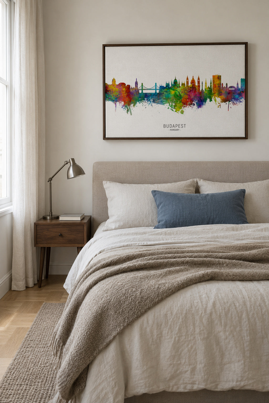 Budapest Skyline multicolor - Framed canvas in an interior