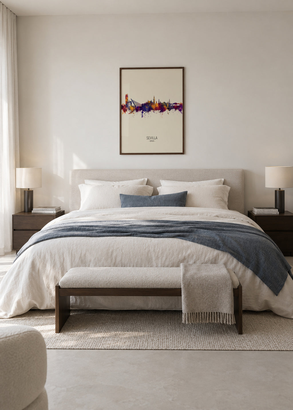 Sevilla Skyline en beige - Framed poster in an interior