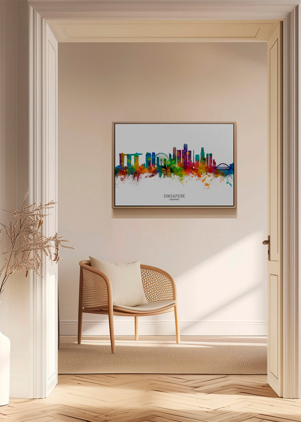 Poster de viagem: Skyline de Singapura em aquarela