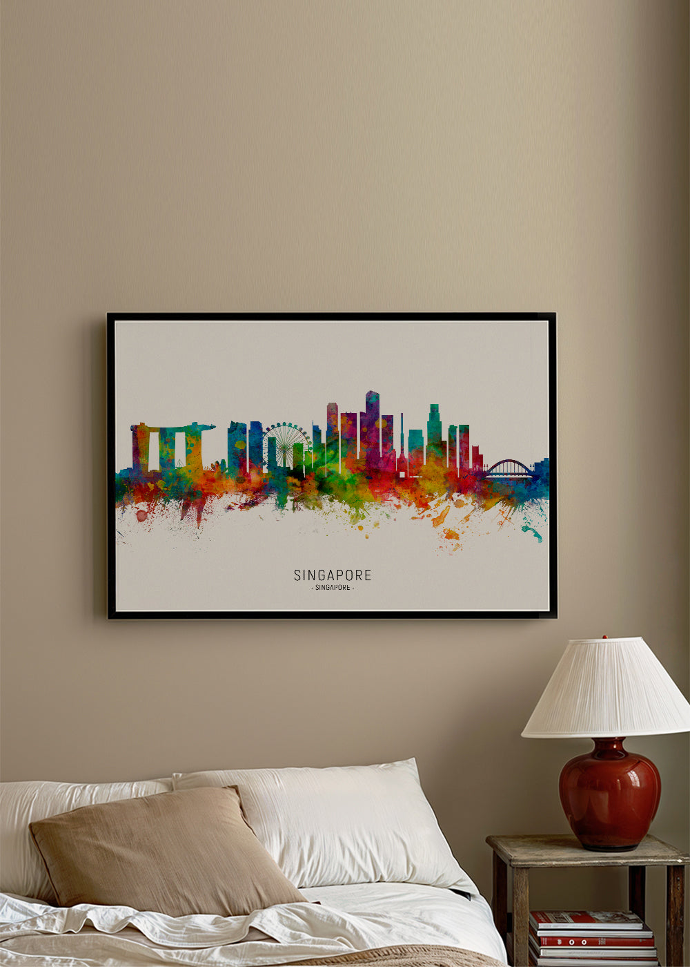 Poster de viagem: Skyline de Singapura em aquarela