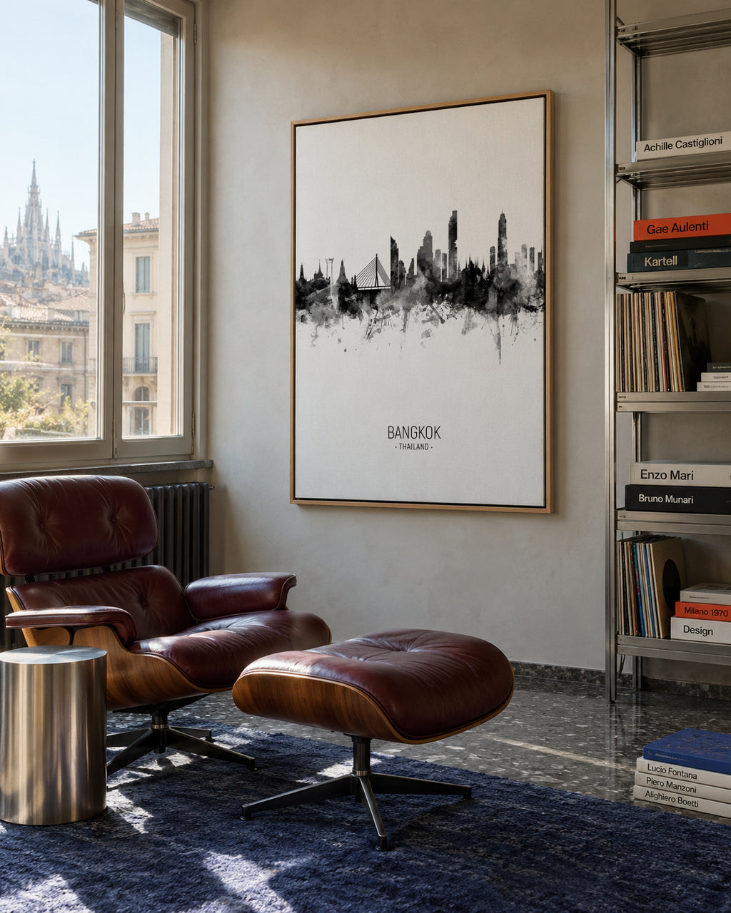 Bangkok Skyline blanco y negro - Framed canvas in an interior