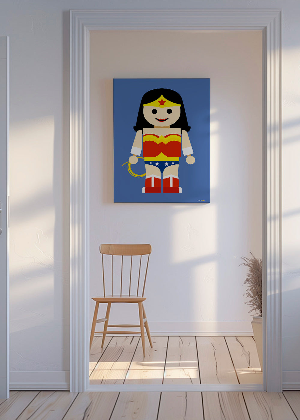 Ilustração brinquedo Wonder Woman sobre fundo azul