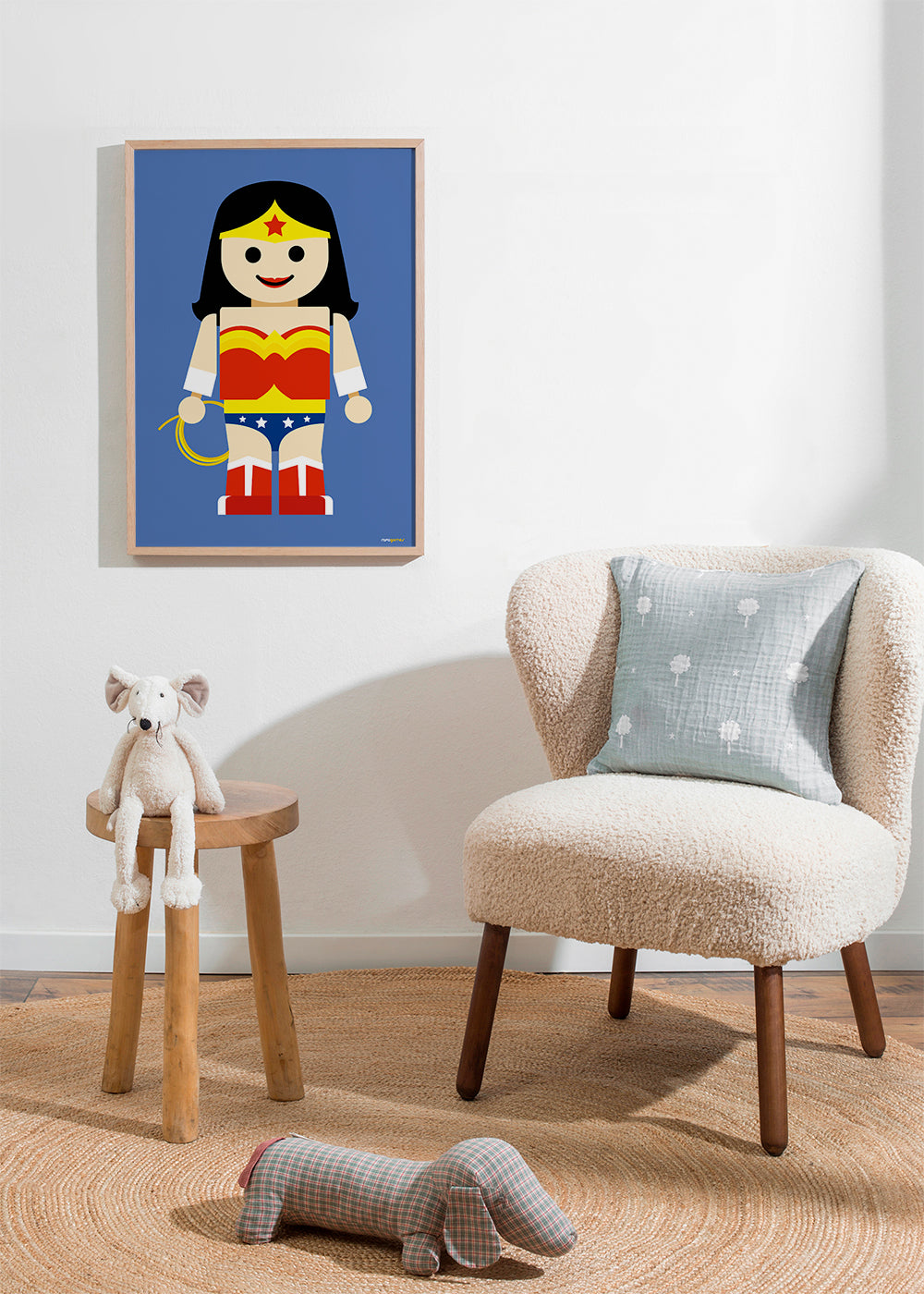 Ilustração brinquedo Wonder Woman sobre fundo azul