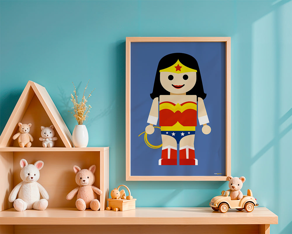 Ilustração brinquedo Wonder Woman sobre fundo azul