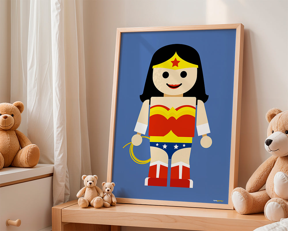 Ilustração brinquedo Wonder Woman sobre fundo azul