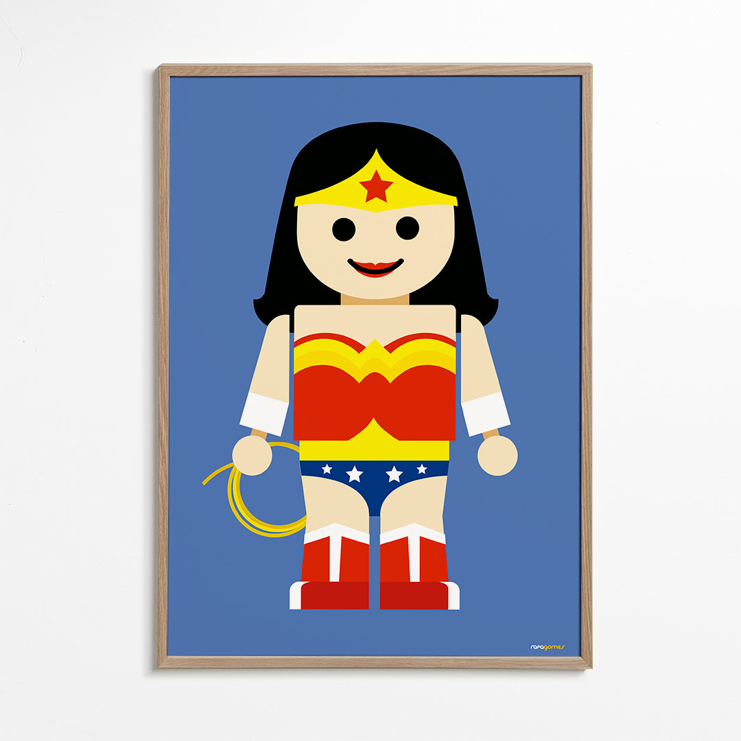 Ilustração brinquedo Wonder Woman sobre fundo azul
