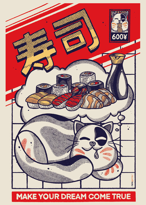 Arte para cozinha gato e sushi