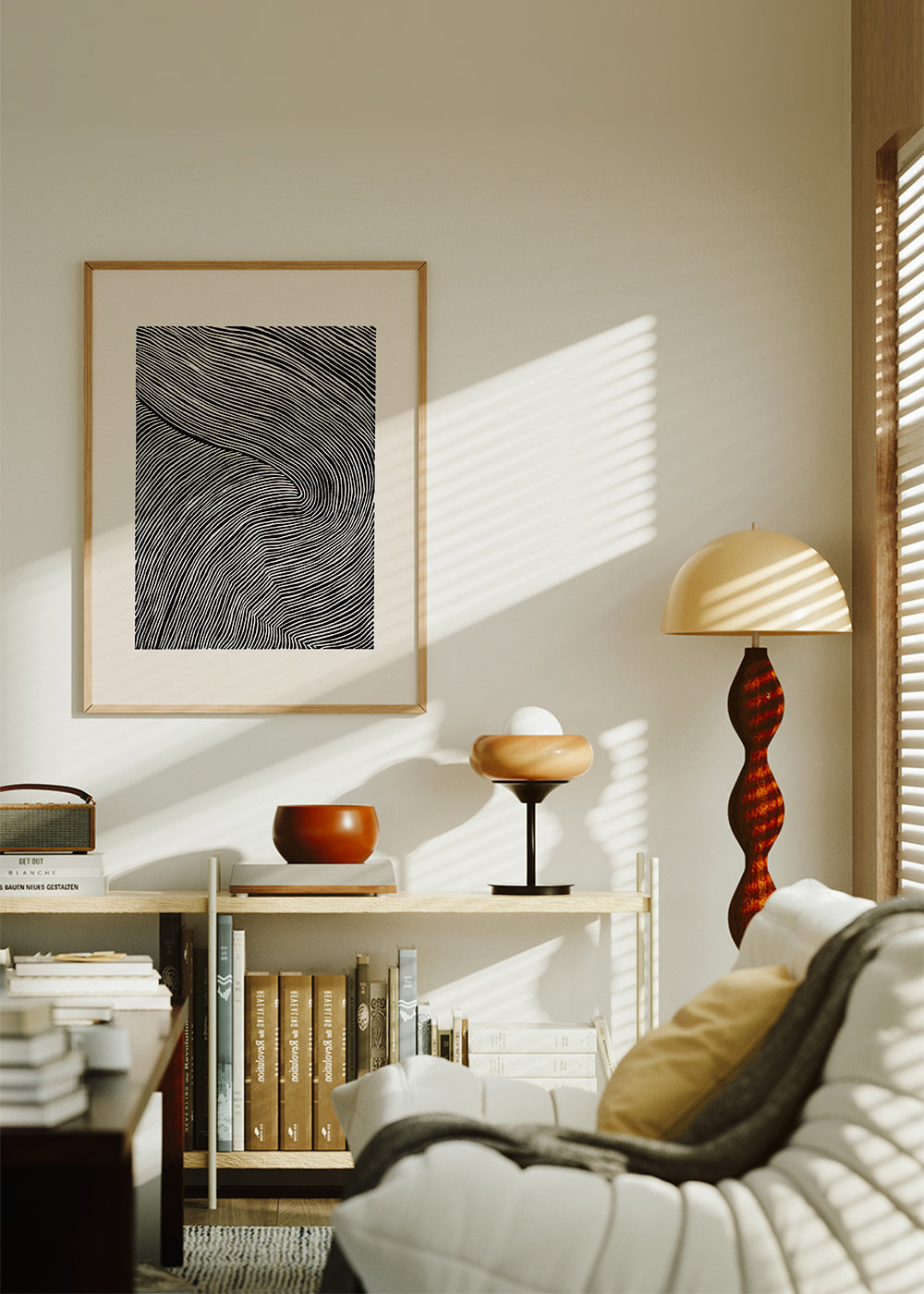 Arte em preto e branco de linhas onduladas