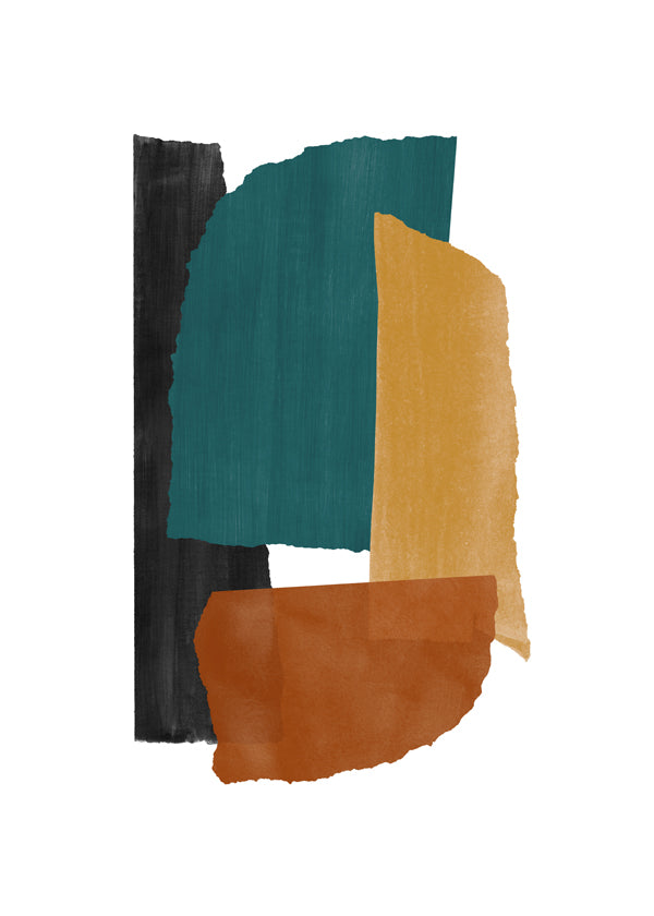 Obra abstrata com fragmentos ocre e verde