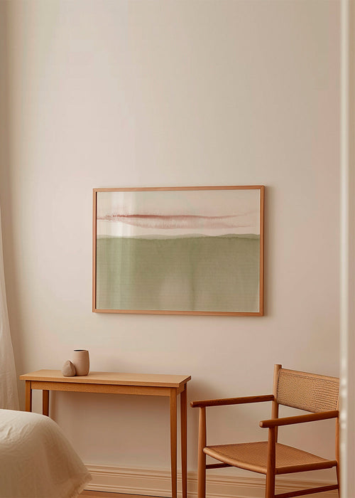 Quadro de paisagem aquarela verde oliva minimal