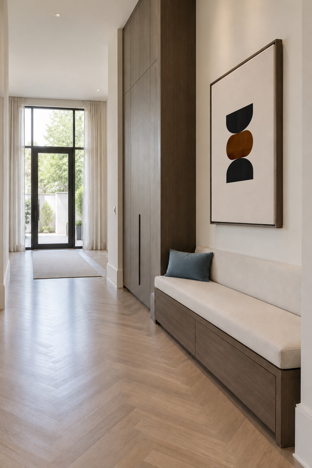 Geometric shapes Nº2 - rust & black - Framed canvas in an interior