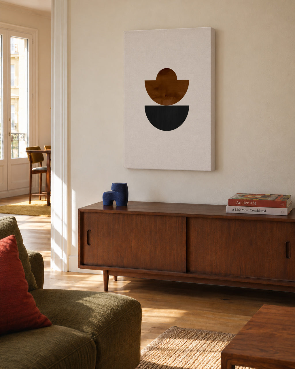 Geometric shapes Nº3 - rust & black - Unframed canvas in an interior