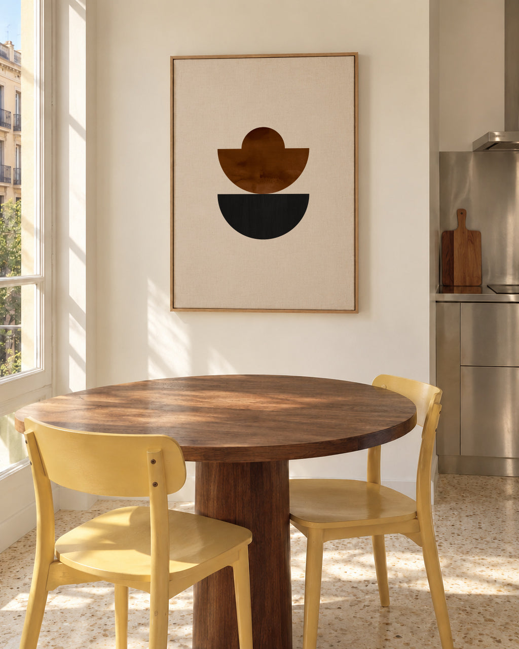 Geometric shapes Nº3 - rust & black - Framed canvas in an interior