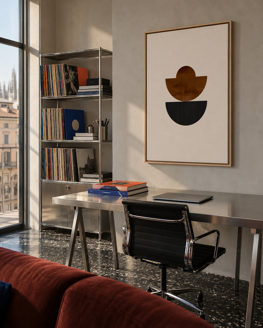 Geometric shapes Nº3 - rust & black - Framed canvas in an interior