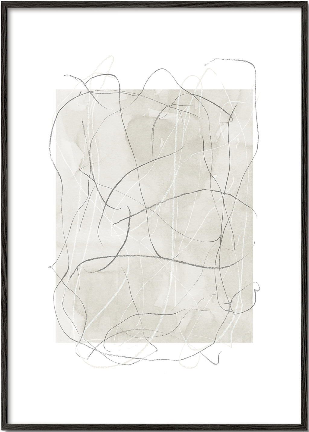 Quadro abstrato com bloco bege e linhas cinza