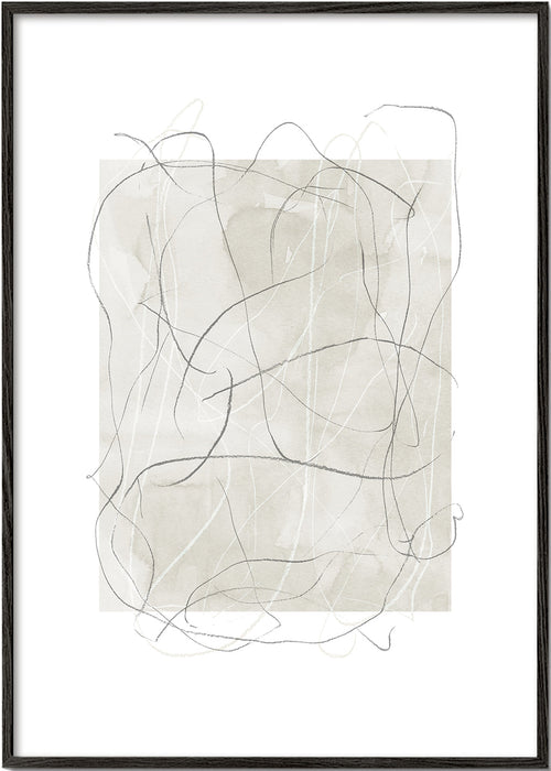 Quadro abstrato com bloco bege e linhas cinza
