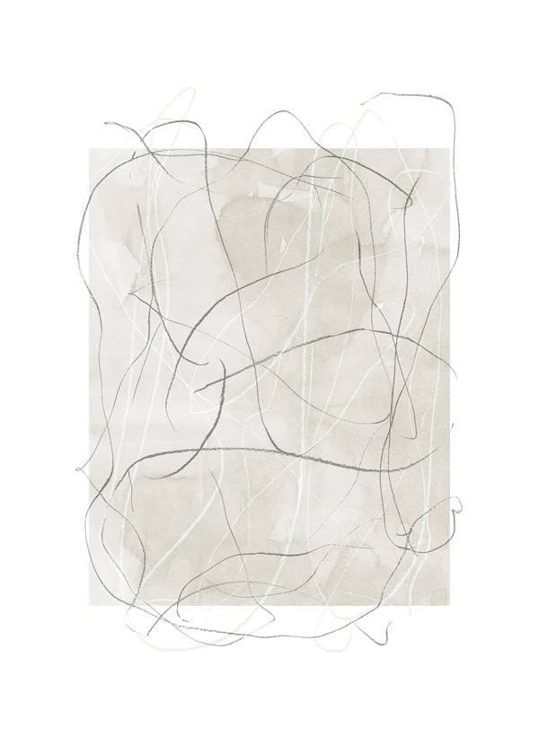 Quadro abstrato com bloco bege e linhas cinza
