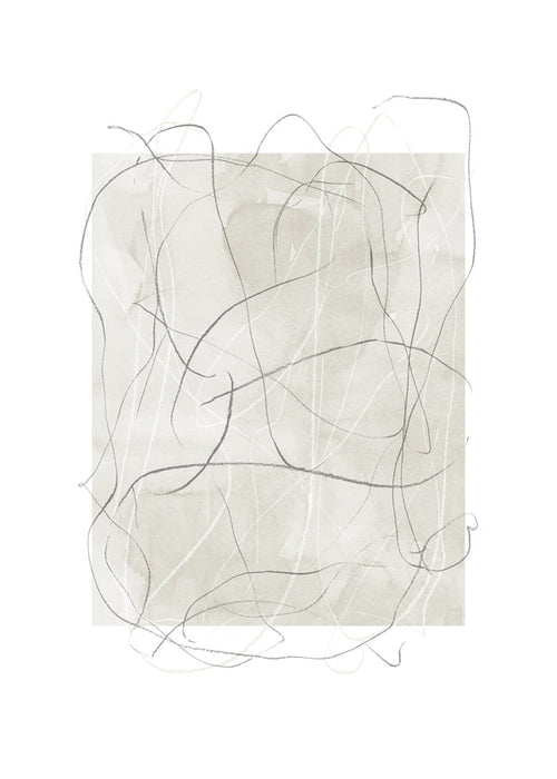 Quadro abstrato com bloco bege e linhas cinza