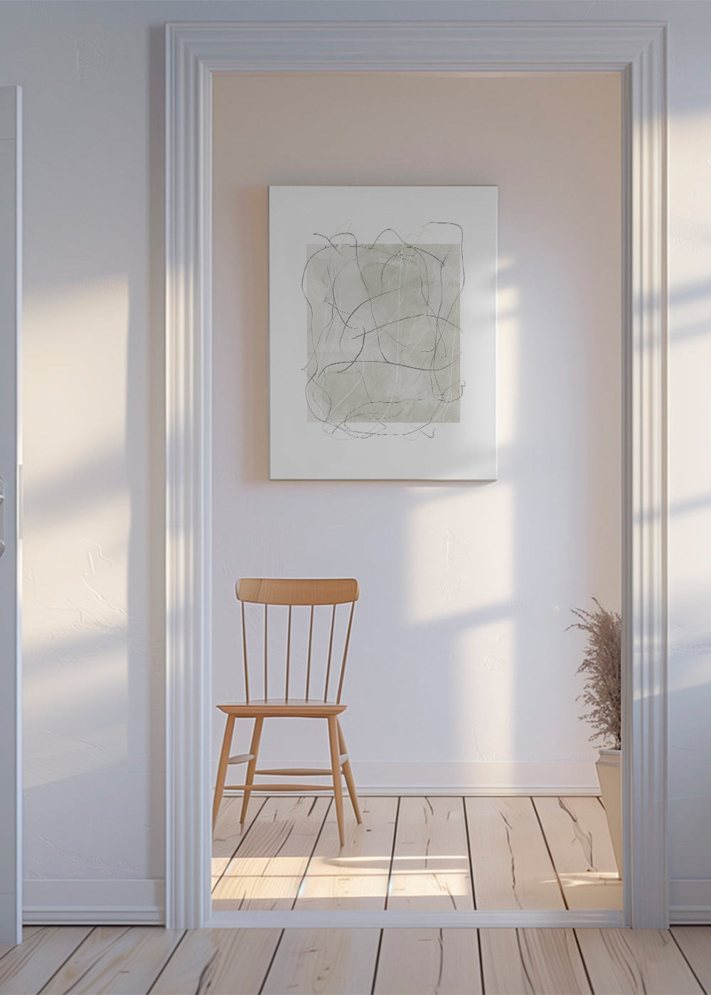 Quadro abstrato com bloco bege e linhas cinza