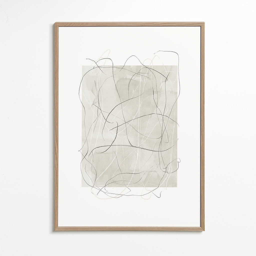 Quadro abstrato com bloco bege e linhas cinza