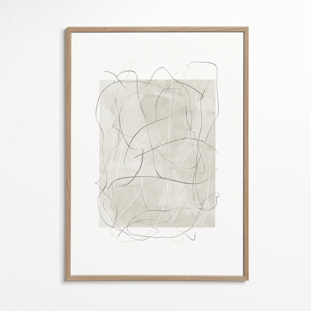 Quadro abstrato com bloco bege e linhas cinza
