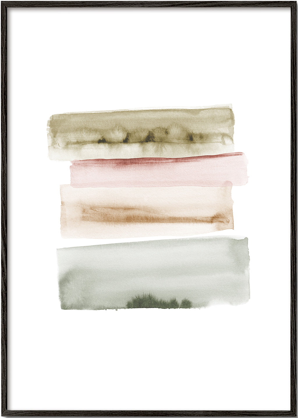 Quadro abstrato em aquarela com pinceladas verticais verdes e rosa
