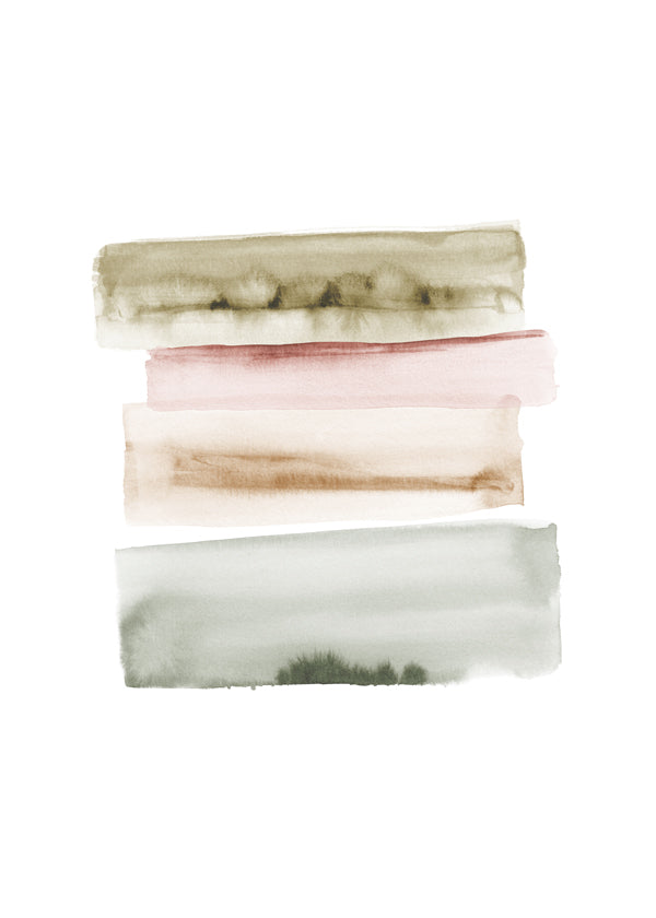 Quadro abstrato em aquarela com pinceladas verticais verdes e rosa