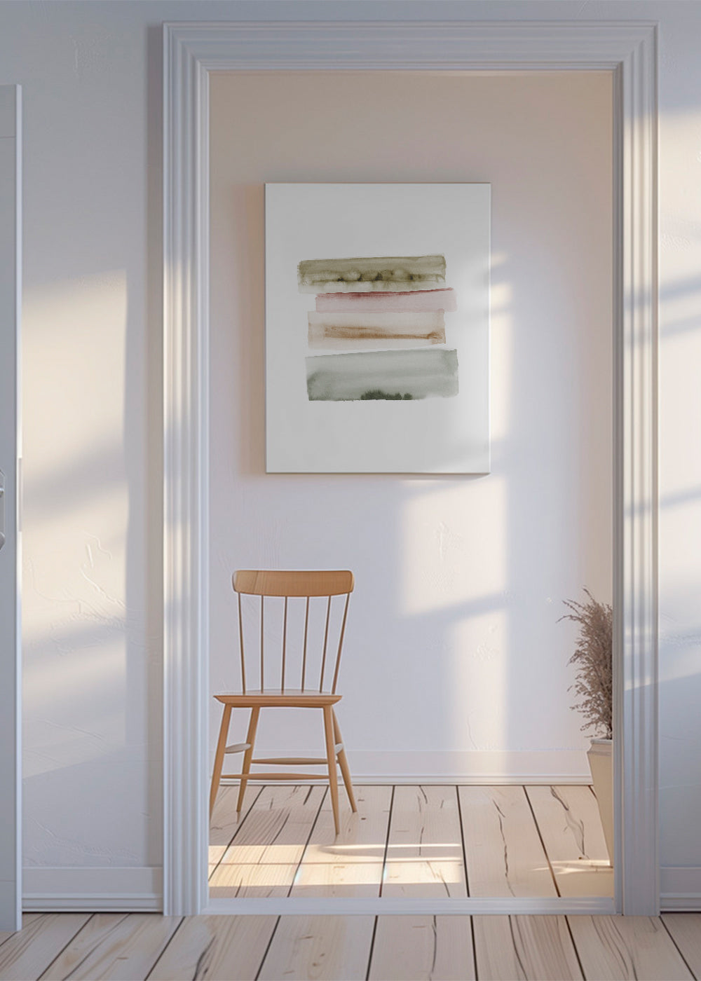 Quadro abstrato em aquarela com pinceladas verticais verdes e rosa