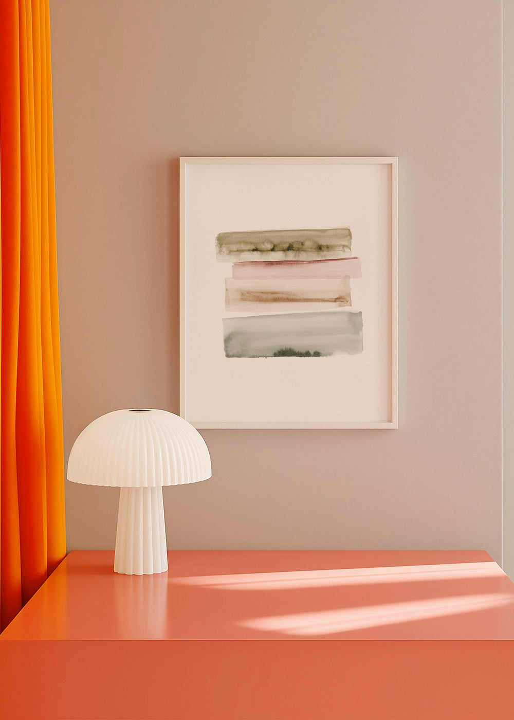 Quadro abstrato em aquarela com pinceladas verticais verdes e rosa
