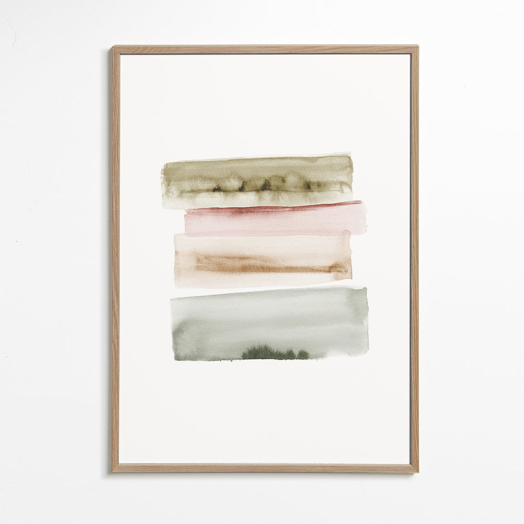 Quadro abstrato em aquarela com pinceladas verticais verdes e rosa
