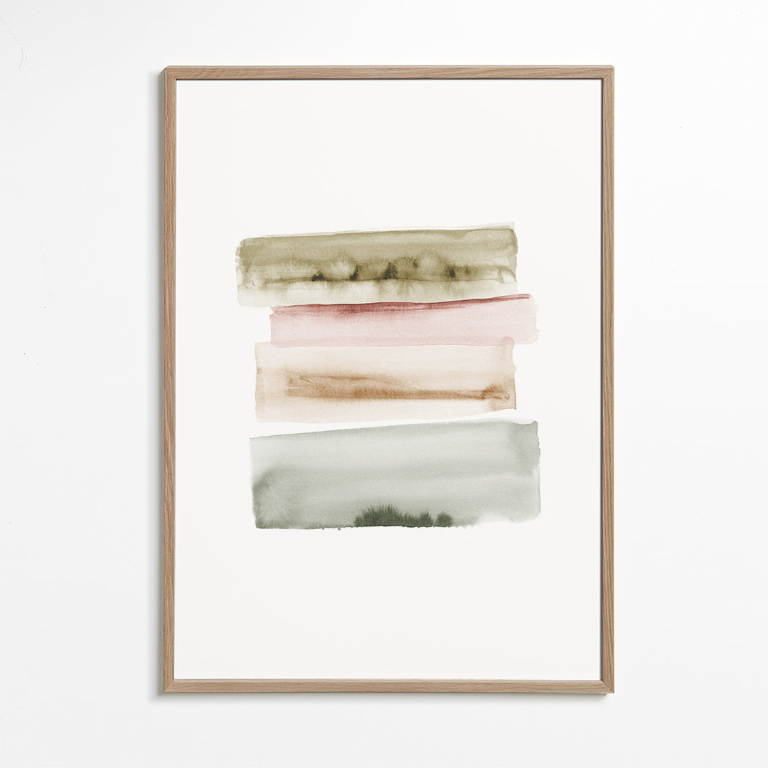 Quadro abstrato em aquarela com pinceladas verticais verdes e rosa