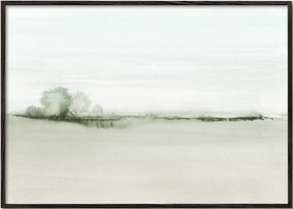 Quadro de paisagem em aquarela com horizonte suave