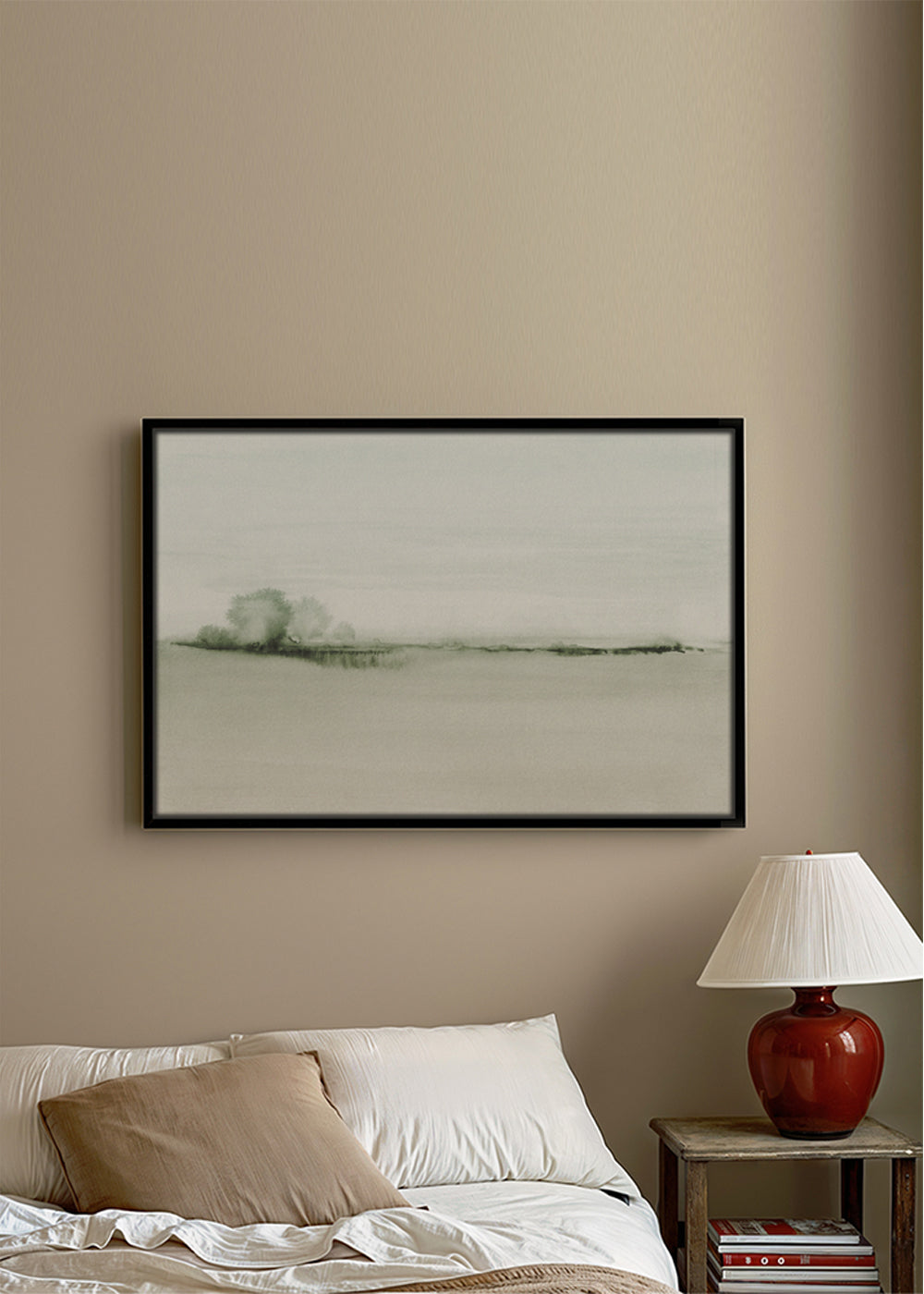 Quadro de paisagem em aquarela com horizonte suave
