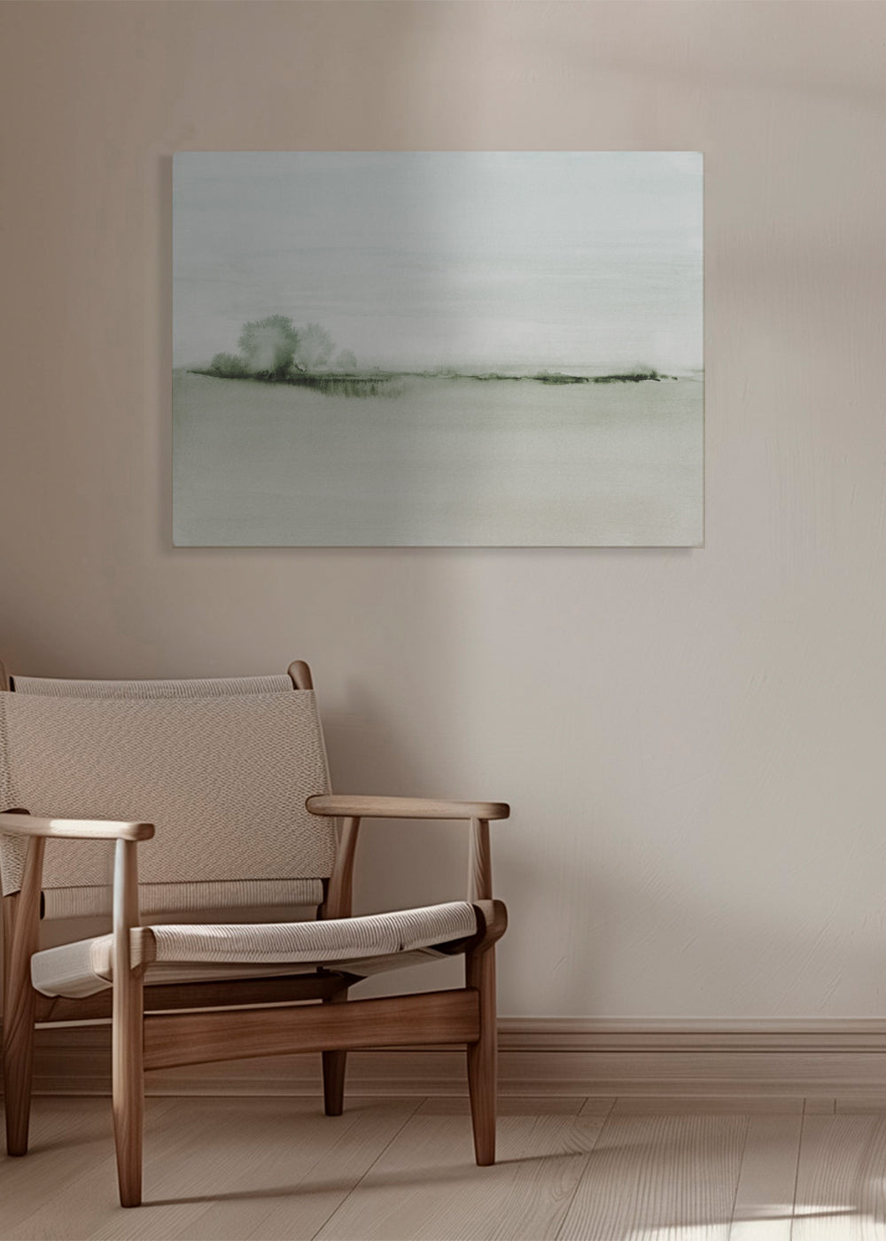 Quadro de paisagem em aquarela com horizonte suave
