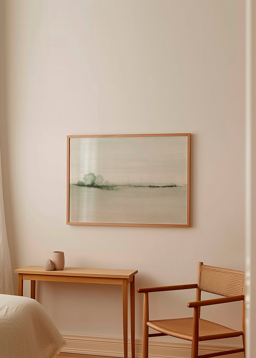 Quadro de paisagem em aquarela com horizonte suave