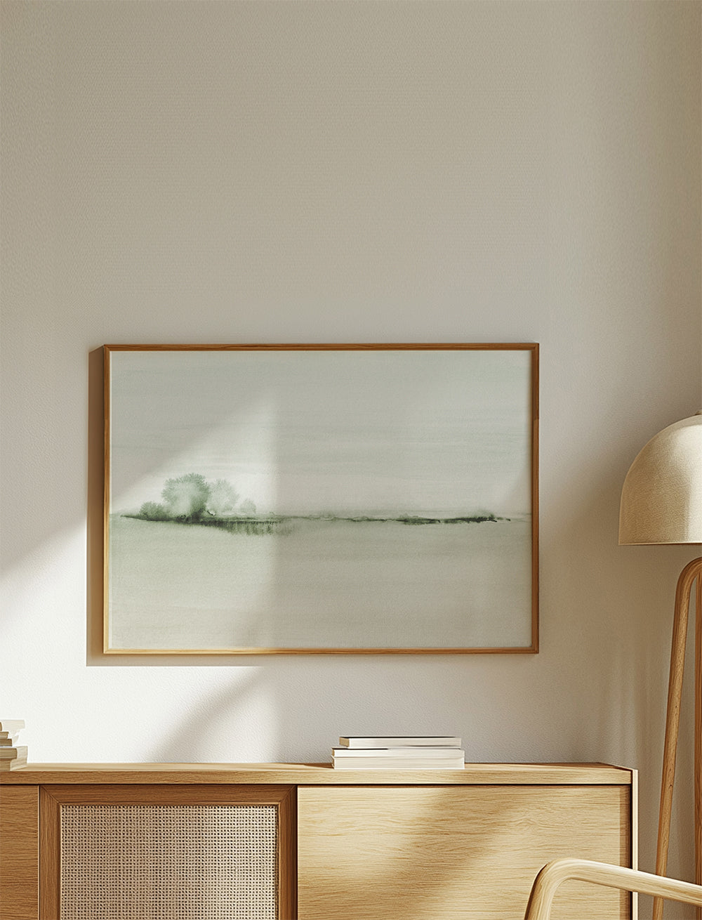 Quadro de paisagem em aquarela com horizonte suave
