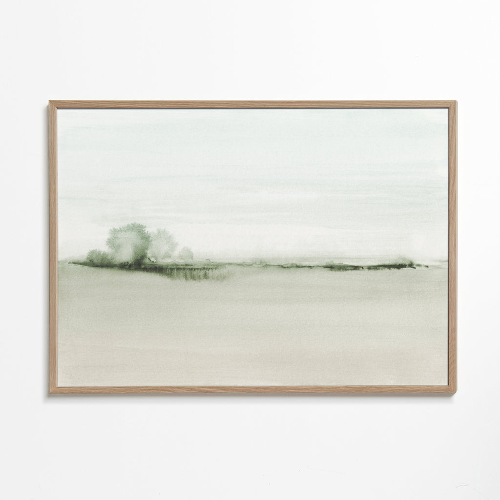 Quadro de paisagem em aquarela com horizonte suave