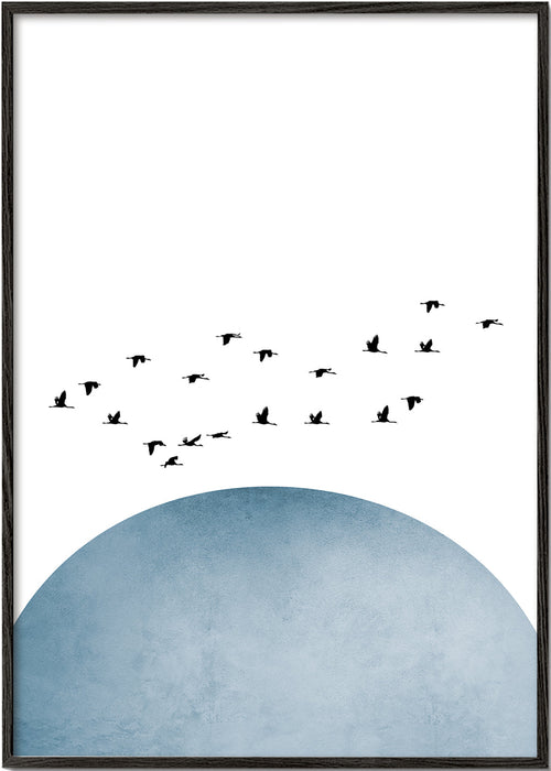 Arte abstrata com semicírculo azul e revoada