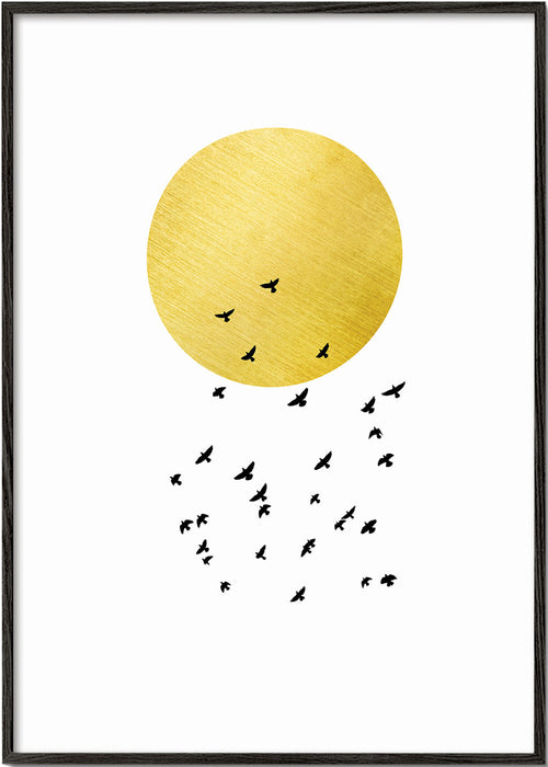 Poster minimalista sol dourado e bando de pássaros