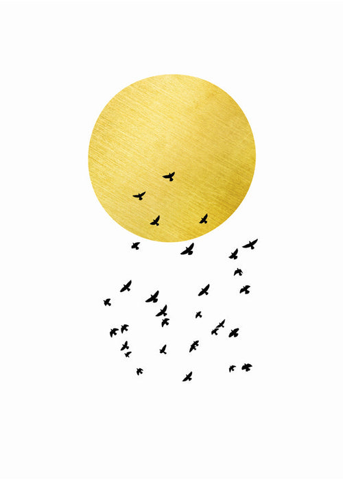 Poster minimalista sol dourado e bando de pássaros