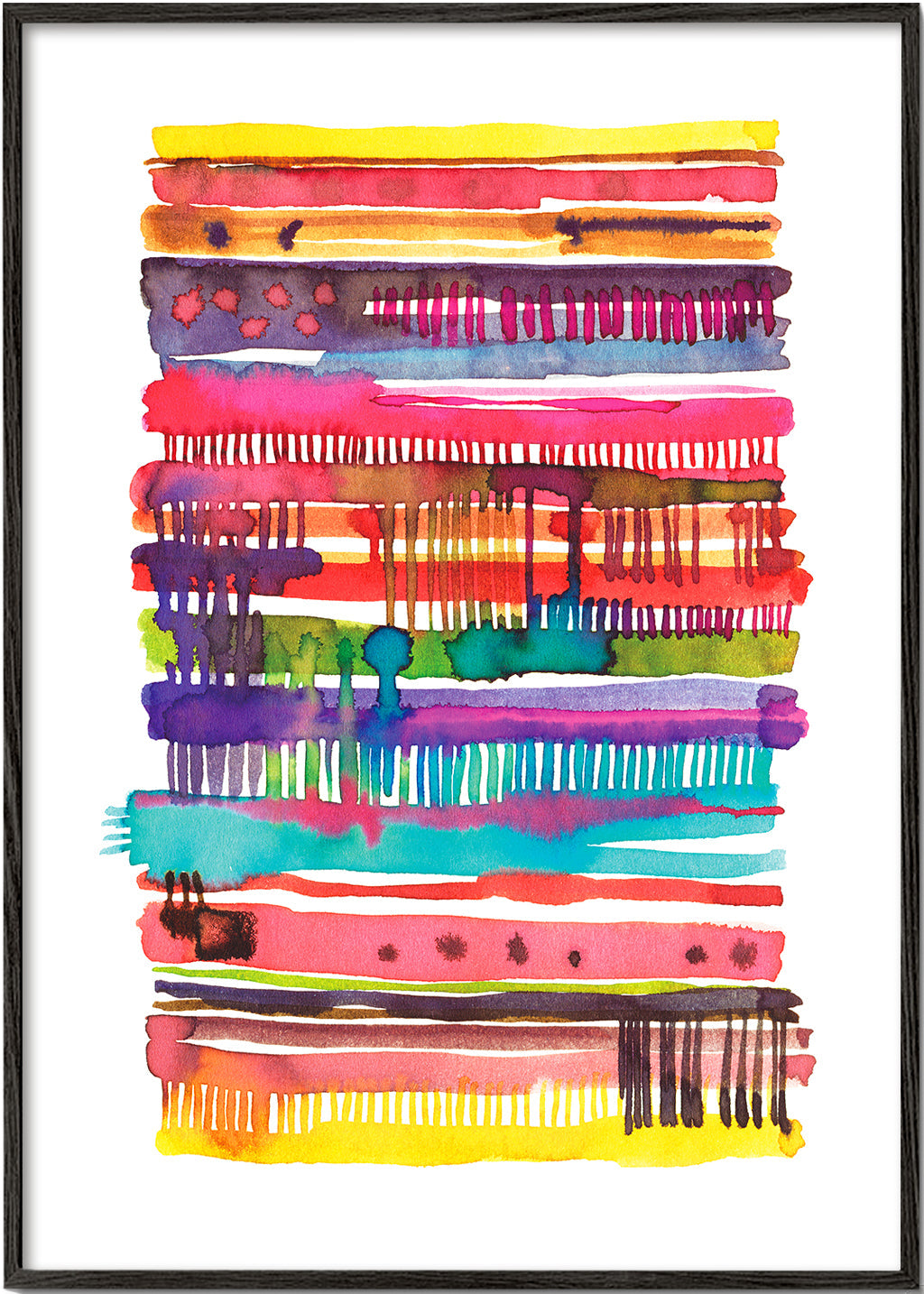Quadro abstrato com linhas aquareladas multicolor