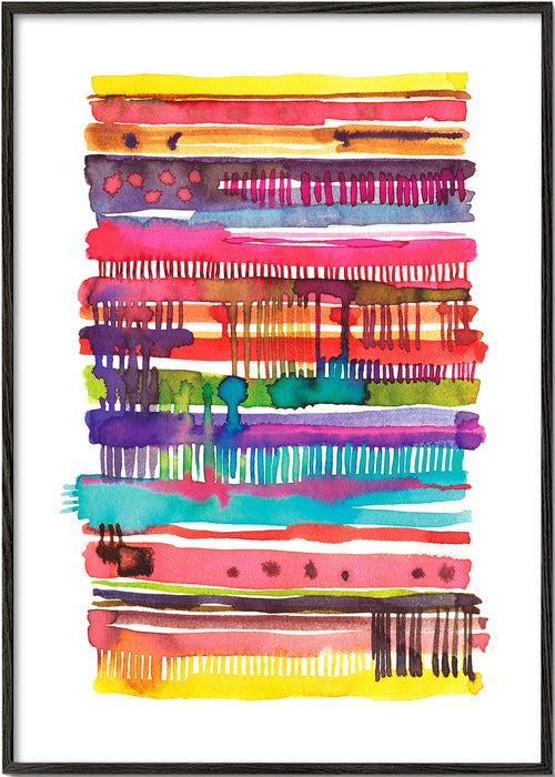 Quadro abstrato com linhas aquareladas multicolor