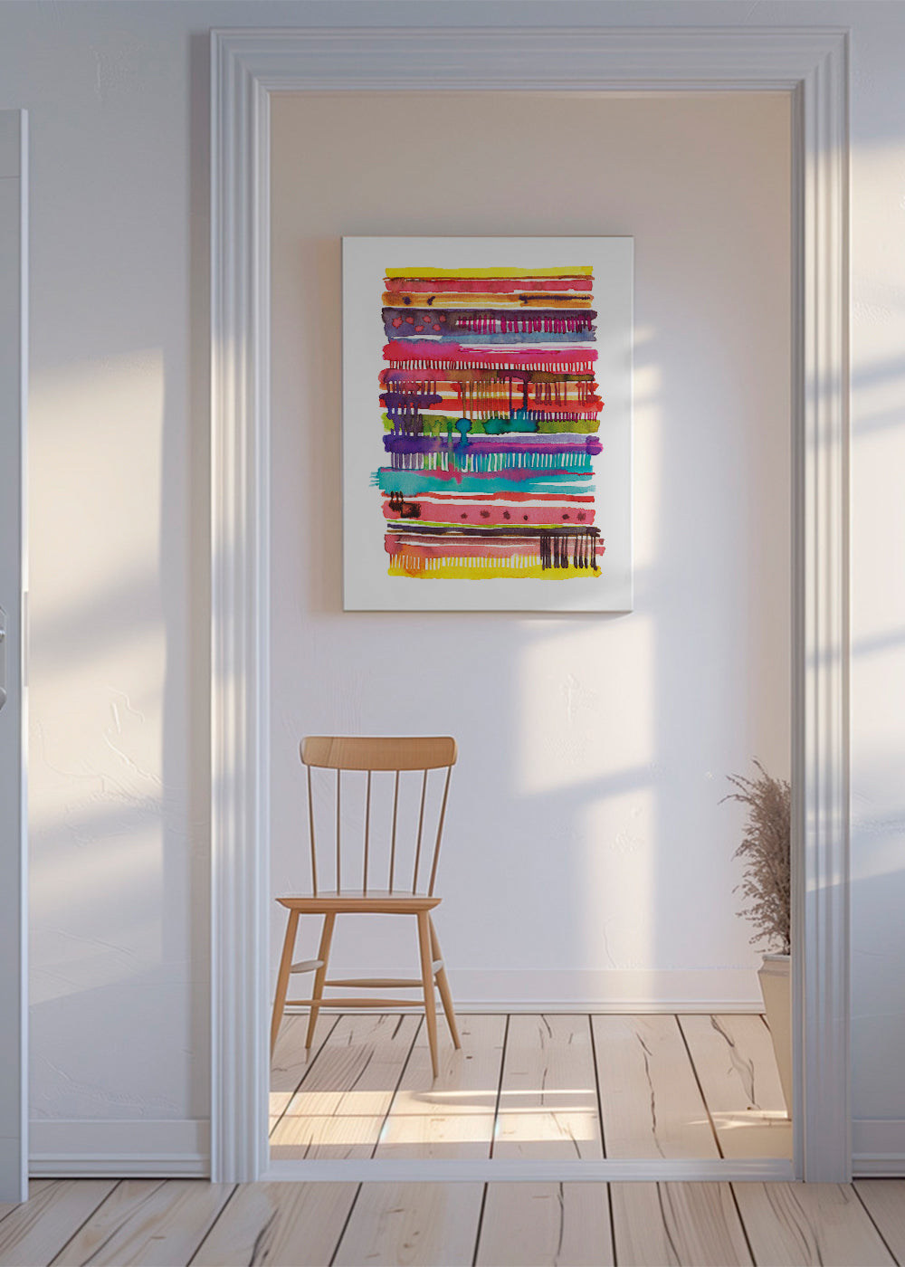 Quadro abstrato com linhas aquareladas multicolor