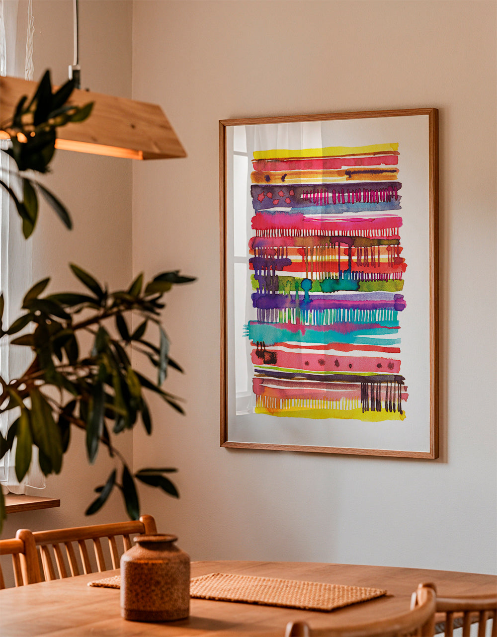 Quadro abstrato com linhas aquareladas multicolor