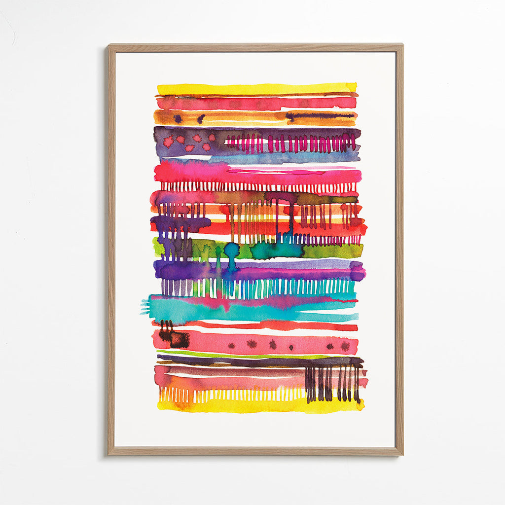 Quadro abstrato com linhas aquareladas multicolor