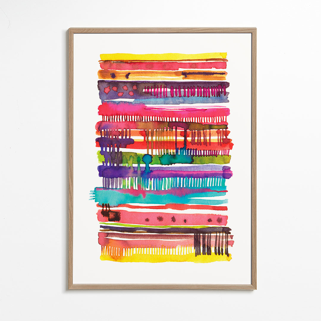 Quadro abstrato com linhas aquareladas multicolor